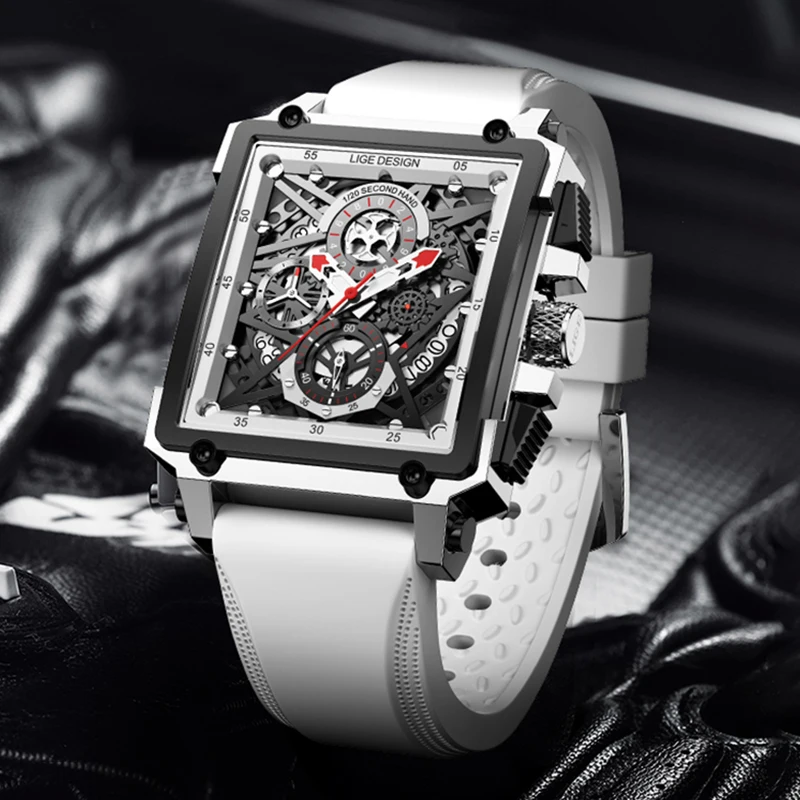 

LIGE Creative Hollow Square Watch Men Fashion White Silicone Waterproof Luminous Quartz Wristwatch Sport Chronograph Clock Male