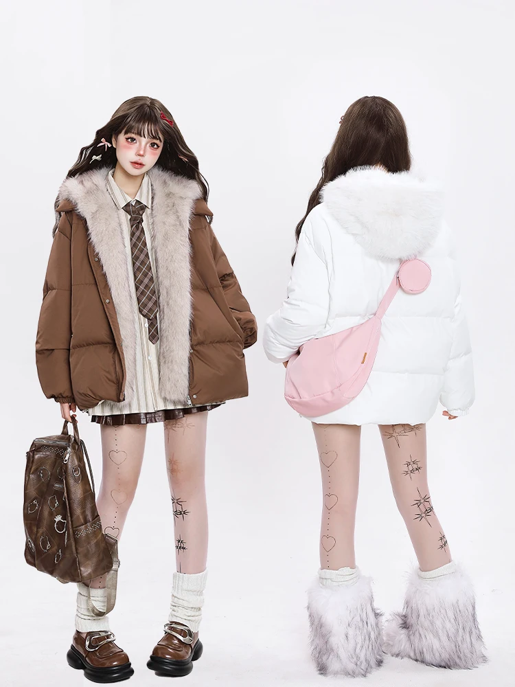 

Женское белое пальто с капюшоном Thiened White Du down Jaet, теплая стеганая хлопковая верхняя одежда средней длины с меховым воротником