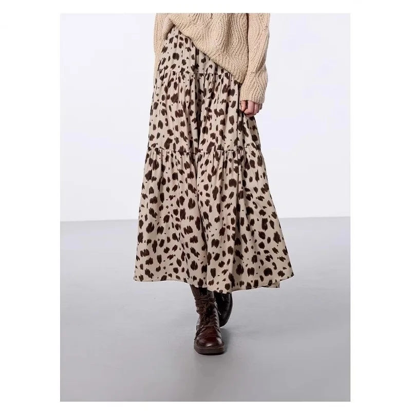 봄 스타일 허리 슬림핏 유럽풍 미국풍 드레이프 크로치 커버 레오파드 프린트 케이크 롱 스커트 넓은 밑단 여성용 스커트