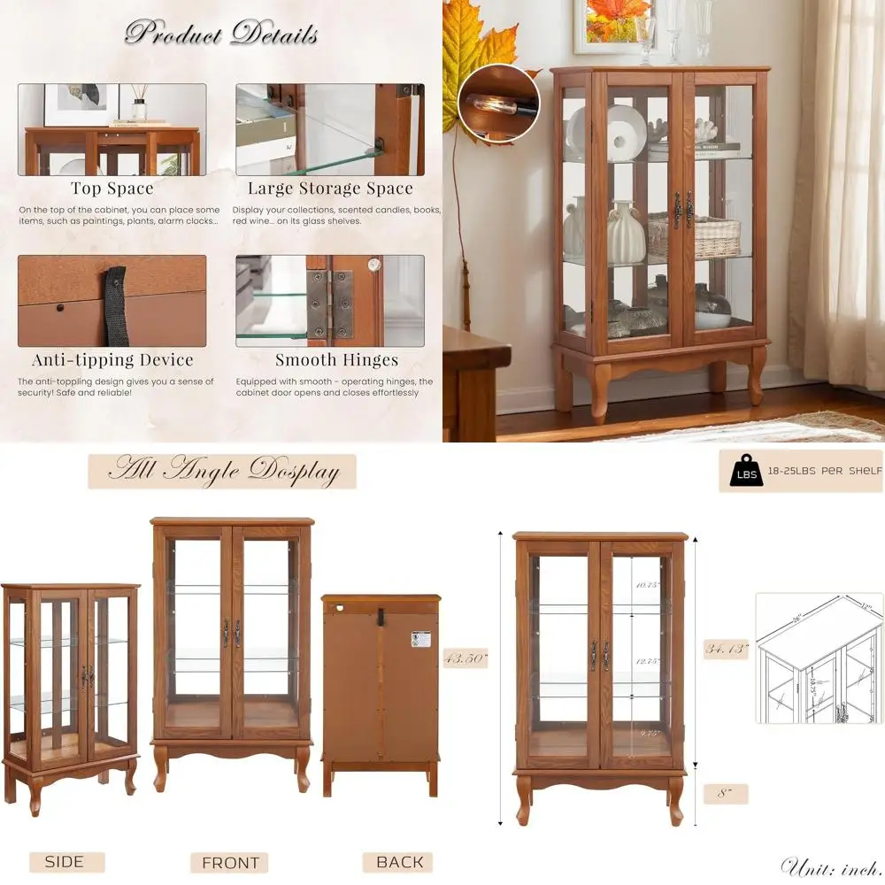 

44 Lighted Curio Cabinet with Tempered Glass, Adjustable Shelves, Mirrored Back, Antique Wooden Display for Living Room/Kitchen,