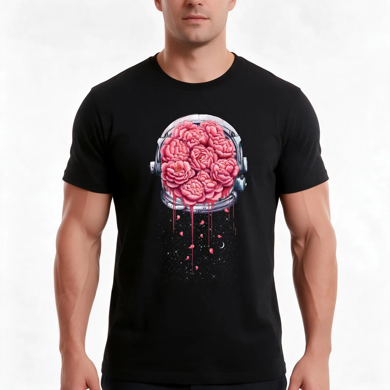 Cosmic peonies T-Shirt, Summer Casual Cotton Tee, Oversized Streetwear Tops, Vintage Graphic Print, Loose Fit Short Sleeve