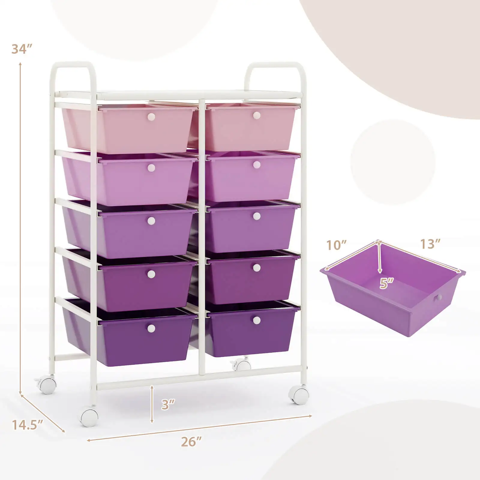 10-Drawer Storage Cart Utility Rolling Trolley Kitchen Organizer Purple