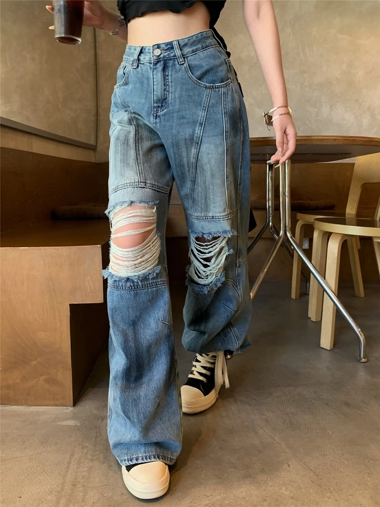 Women's Blue Y2k Ripped Jeans Harajuku Denim Trousers Streetwear Y2k Jean Pants Vintage 90s Aesthetic 2000s Trashy Clothes 2024