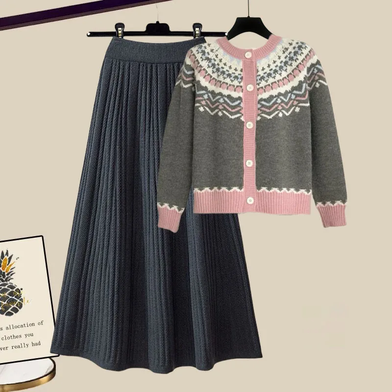 Winter Knitted Skirts Sets For Women Clothing 2024 Korean Sweet Vintage Patchwork Single Breasted Sweater Cardigan+skirt 2 Pcs
