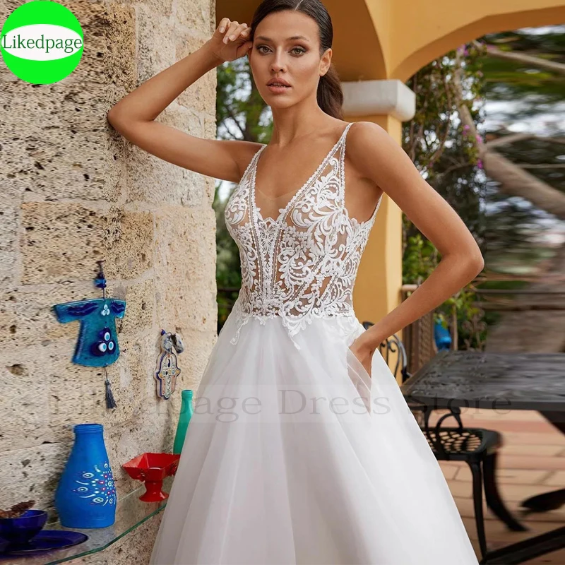 Robe de mariée trapèze à col en V, bretelles spaghetti, robe de mariée bohème, appliques en dentelle, tulle, mariage, sexy, plage