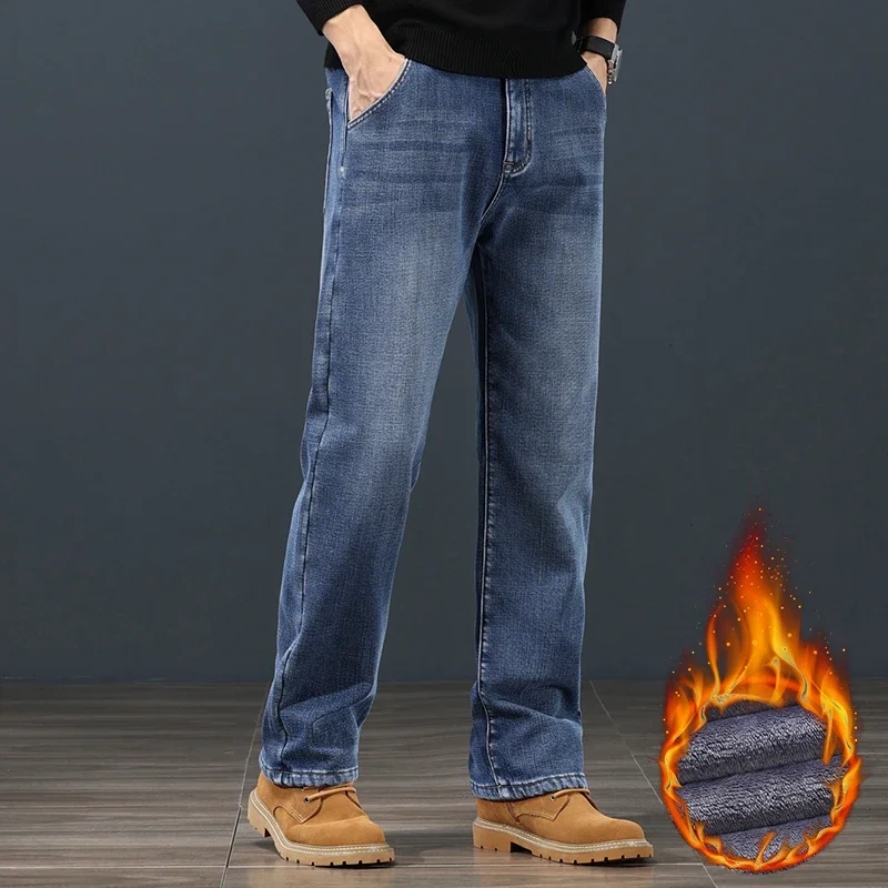 Fleece Lined Jeans for Men Stretch Winter Thermal Pants Business Casual Straight Denim Pants Big Size 42 44 Thicken Trousers