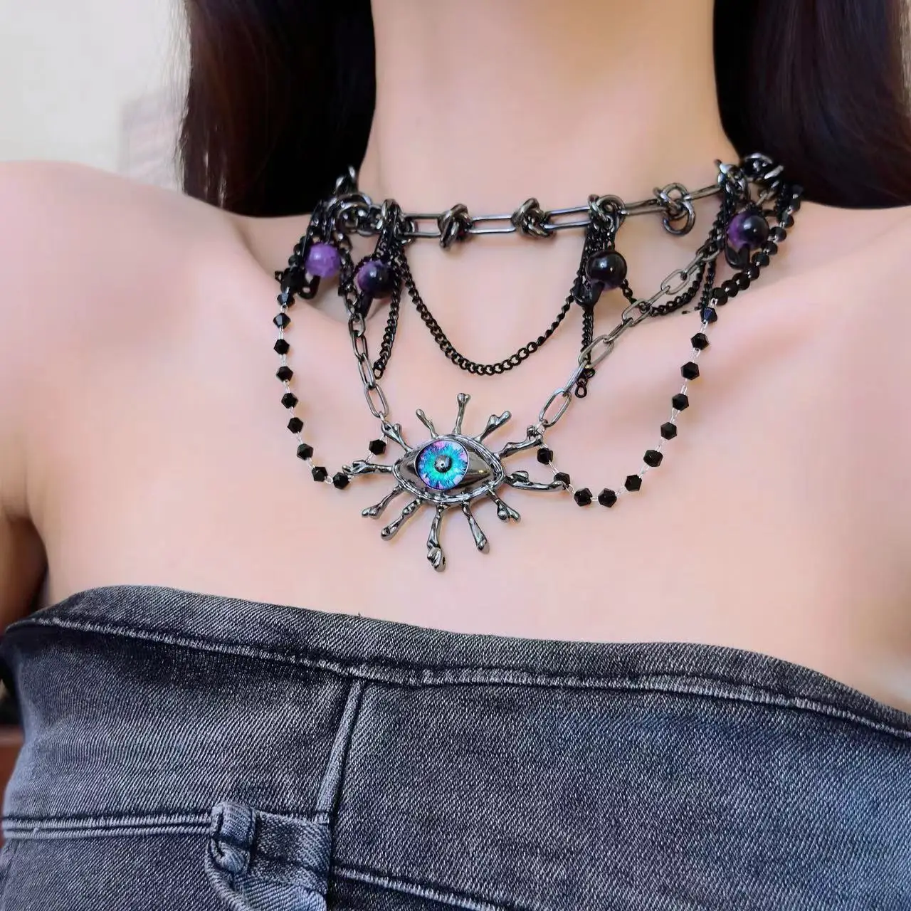 Devil's Eye Blue Beads Necklace Woman Goth Jewelry Cosplay Collection Costume Accessorie Clavicle Chain Choker Gift