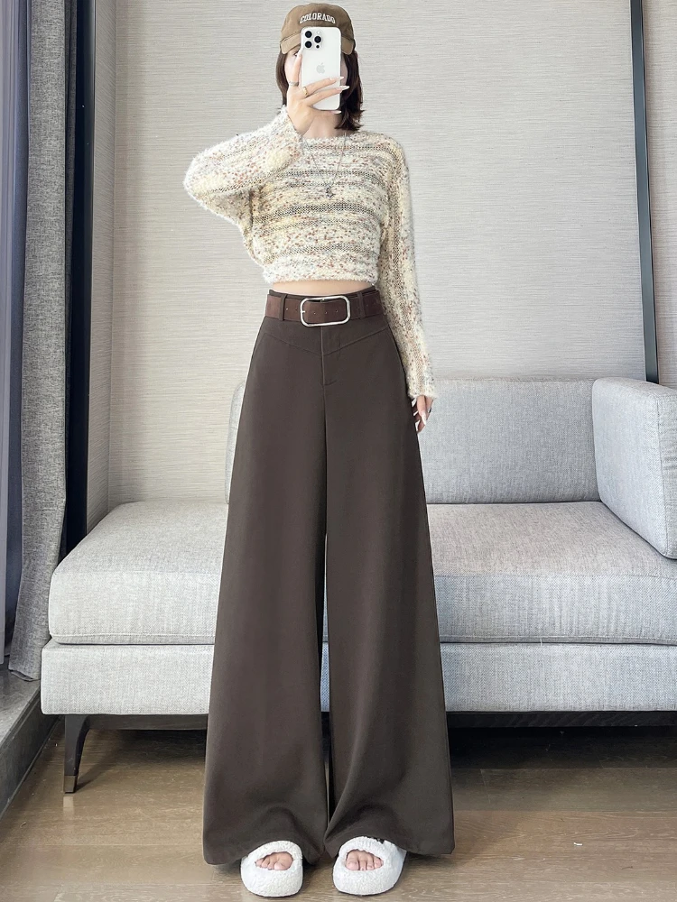 Fall Winter Woolen Wide-leg Suit Pants Women 2025 Fashion High-waisted Draping Straight-leg Casual Floor-length Thick Trouser