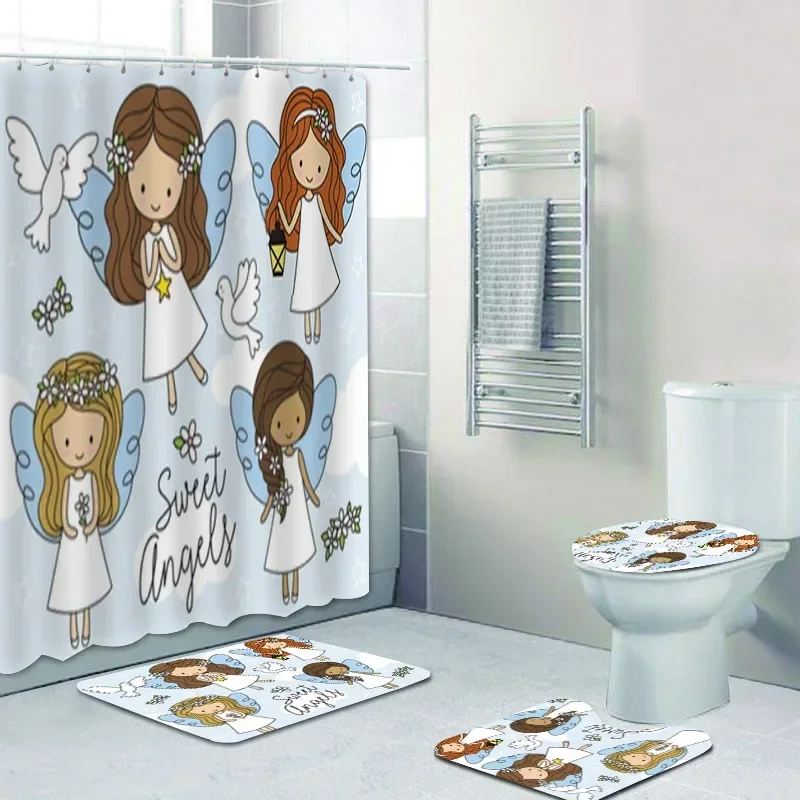

Акварельные милые ангелы, занавеска для душа, набор занавесок для душа, цветочный Купидон, крылья ангела, фея, набор занавесок для ванной комнаты, коврики, домашний декор