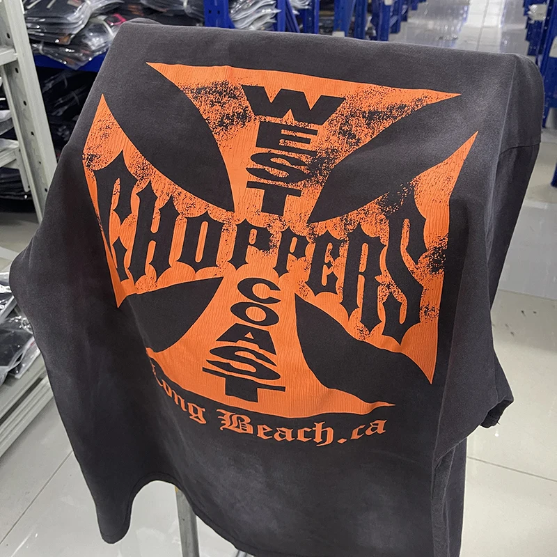 

Футболка Choppers на Западном побережье, классическая американская уличная одежда, дизайн, оранжевый, с буквенным принтом, винтажный стиль, с дырками, с коротким рукавом