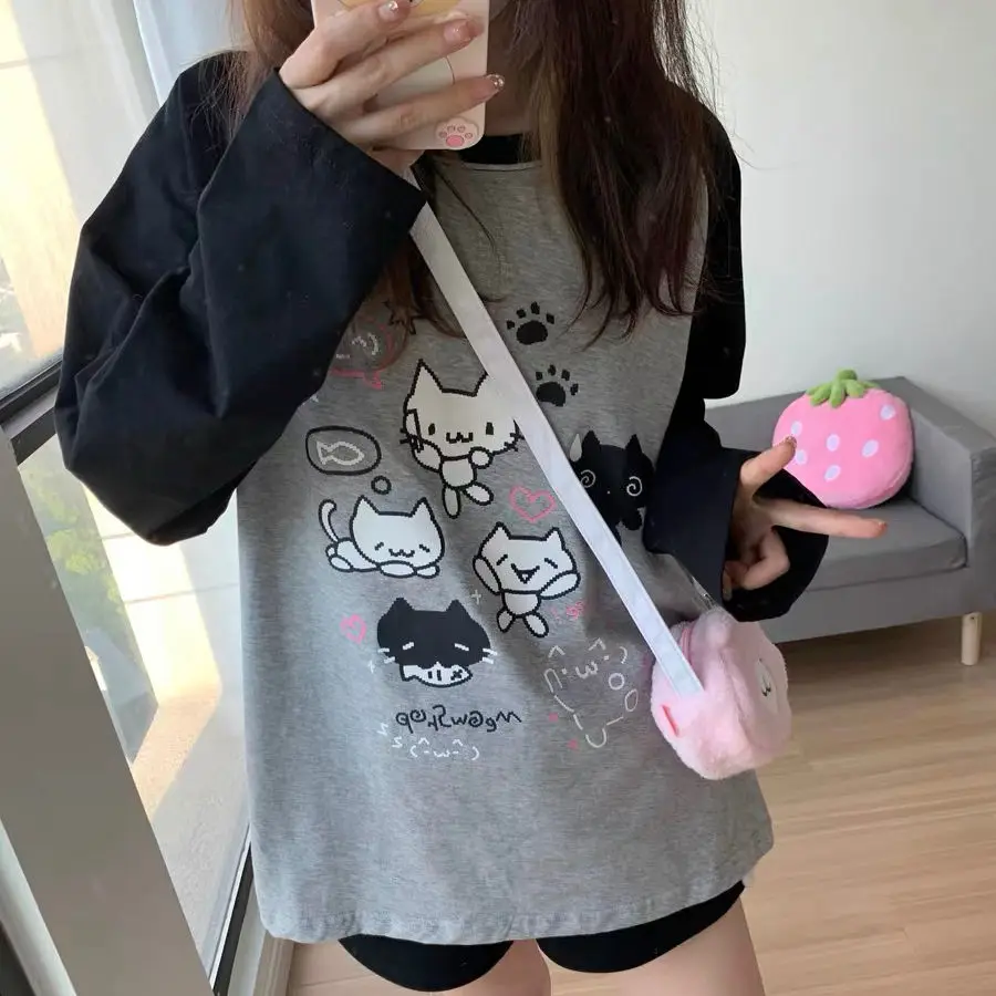 Cartoon Cat Print Ropa Mujer O Neck Y2k Black Gray Japanese Preppy Style Sweatshirts Raglan Sleeve Women Hoodies Sudaderas