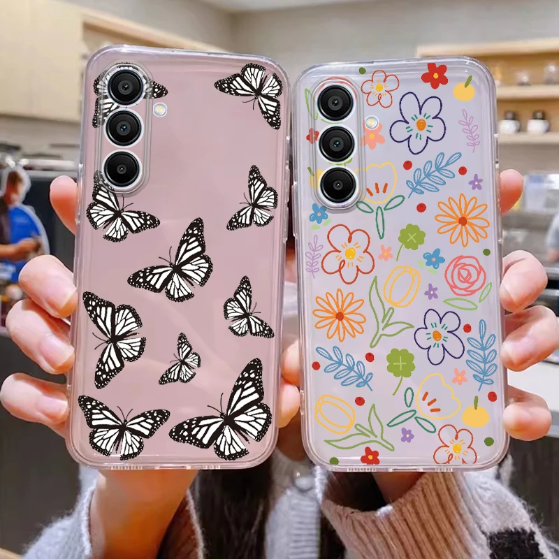 Transparent Case For Samsung Galaxy M35 5G Cover Cartoon Flower Soft TPU Shockproof Fundas For Samsung M 35 Butterfly Coque