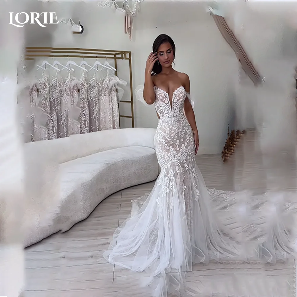 LORIE Boho Mermaid Wedding Dress Lace Appliques Backless Bobycon Bride Dress Off-Shoulder Sweep Tail Bridal Gowns Customized