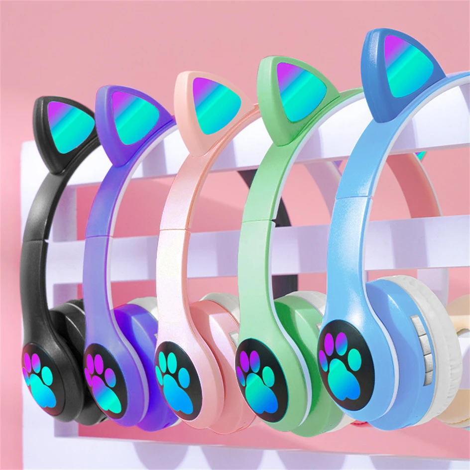 Cute Cat Ear Headset RGB Light Bluetooth Headphone Stereo HIFI Comfortable Sport Headband Earbuds With Mic For Kids Girls Boys