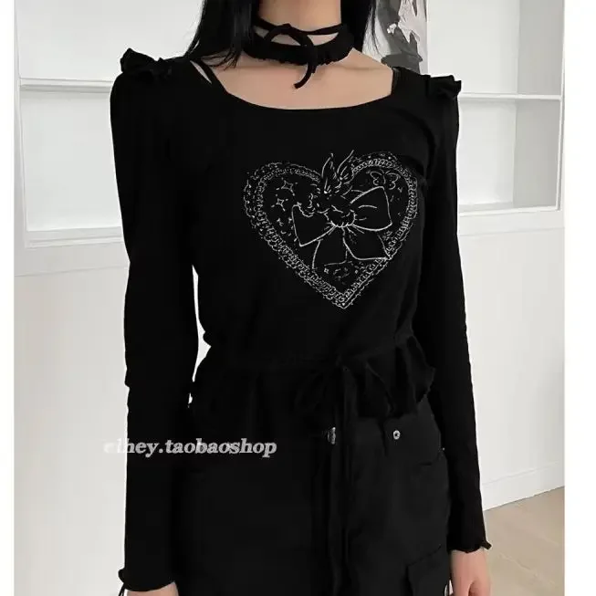 Neu im Jahr 2024, langärmeliges Spitzen-Choker-Basic-Shirt für Damen, Slim-Fit, Y2k-Herz-Druck, süße, süße koreanische, abgeschnittene Top-Shirts für Damen