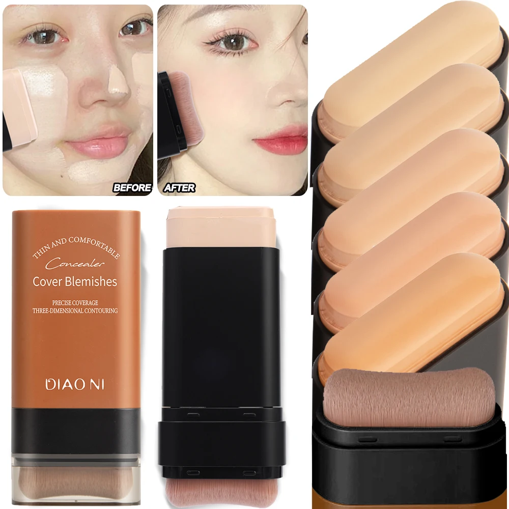 2IN1 Rubber Foundation Stick Waterproof Oil-control Face Base Makeup Nourishing Lasting Concealer Foundation Cream with Brush