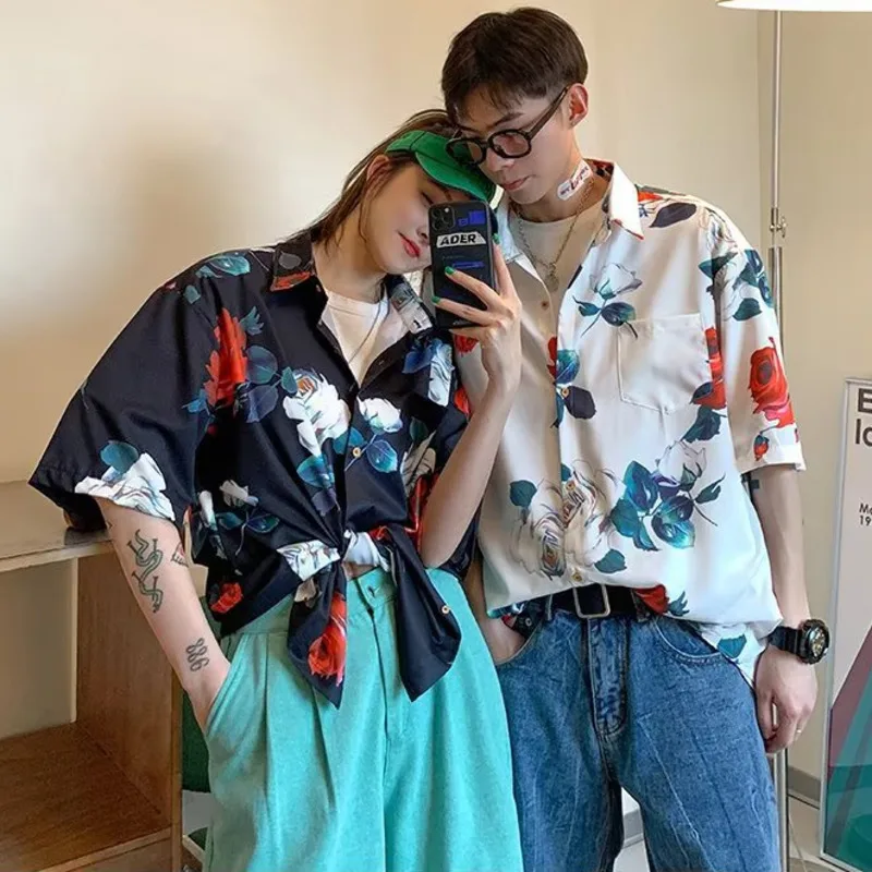 2024 Summer Beach Hawaiian Floral Blouse Vintage Red Rose Printed Button Up Shirt Women Men Couple Matching Loose Casual Tops