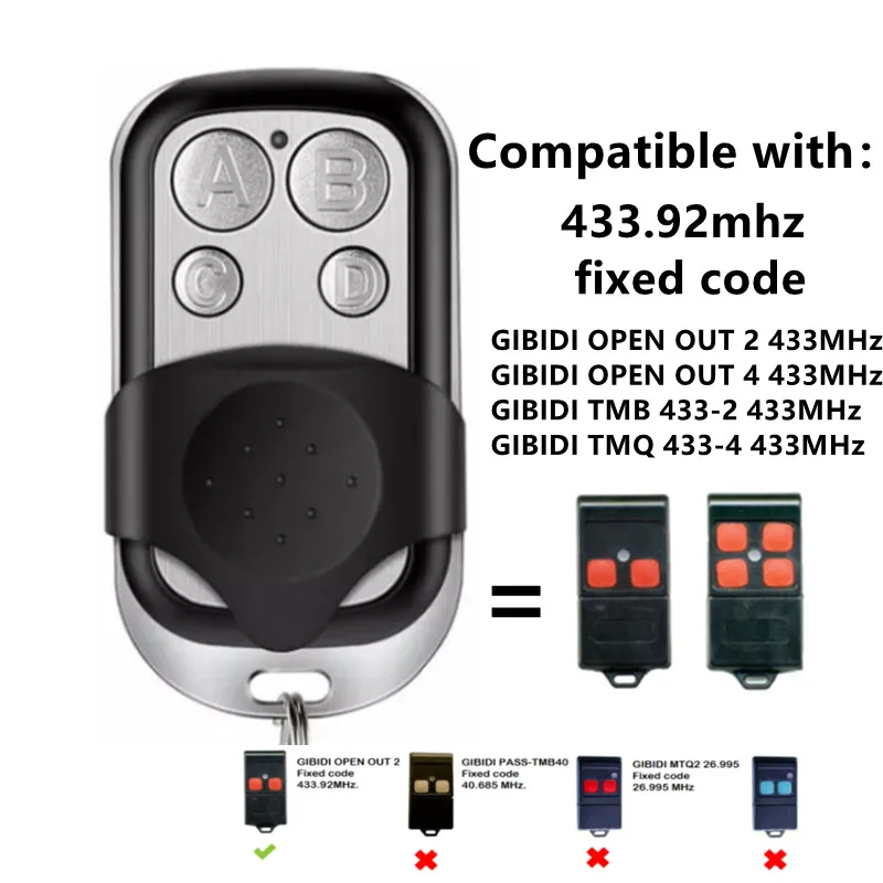 

GIBIDI garage door remote control GIBIDI OPEN TMB 433-2,433-4 / OPEN TMQ 433-2,433-4 / OPEN OUT 2,4 433mhz remote fixed code