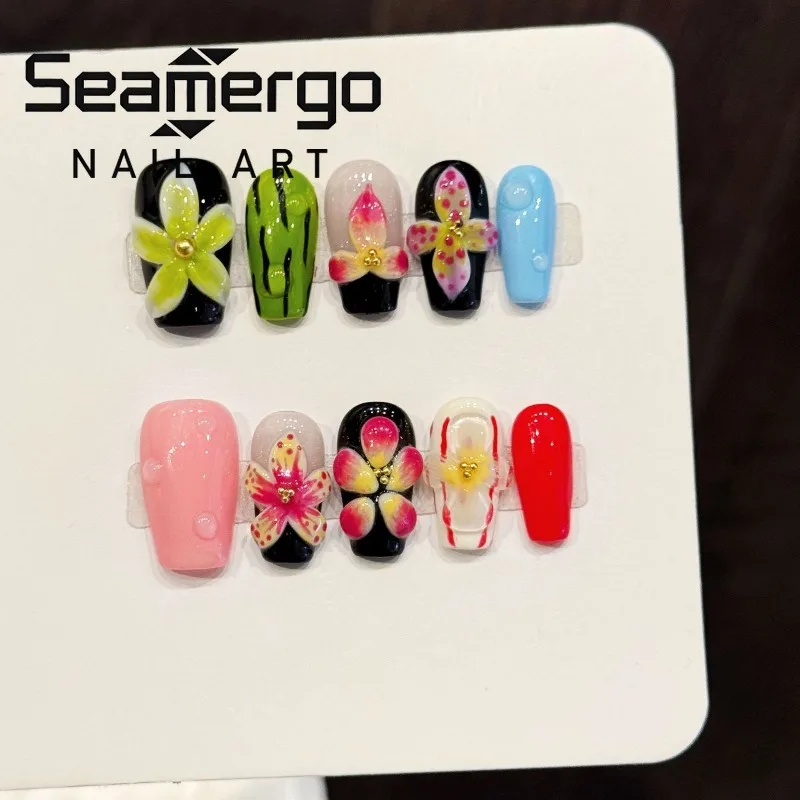 

10PCS Tropical Handmade Press on Nails Colorful 3D Flowers Short Coffin False Nails Trendy Dopamine Square Nail Stickers Fashion