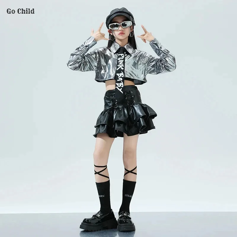 Серебряная куртка K-pop для девочек, кожаная многоярусная юбка, штаны-карго, комплект одежды, детские костюмы для уличных танцев в стиле хип-хоп, уличная одежда для детей и подростков