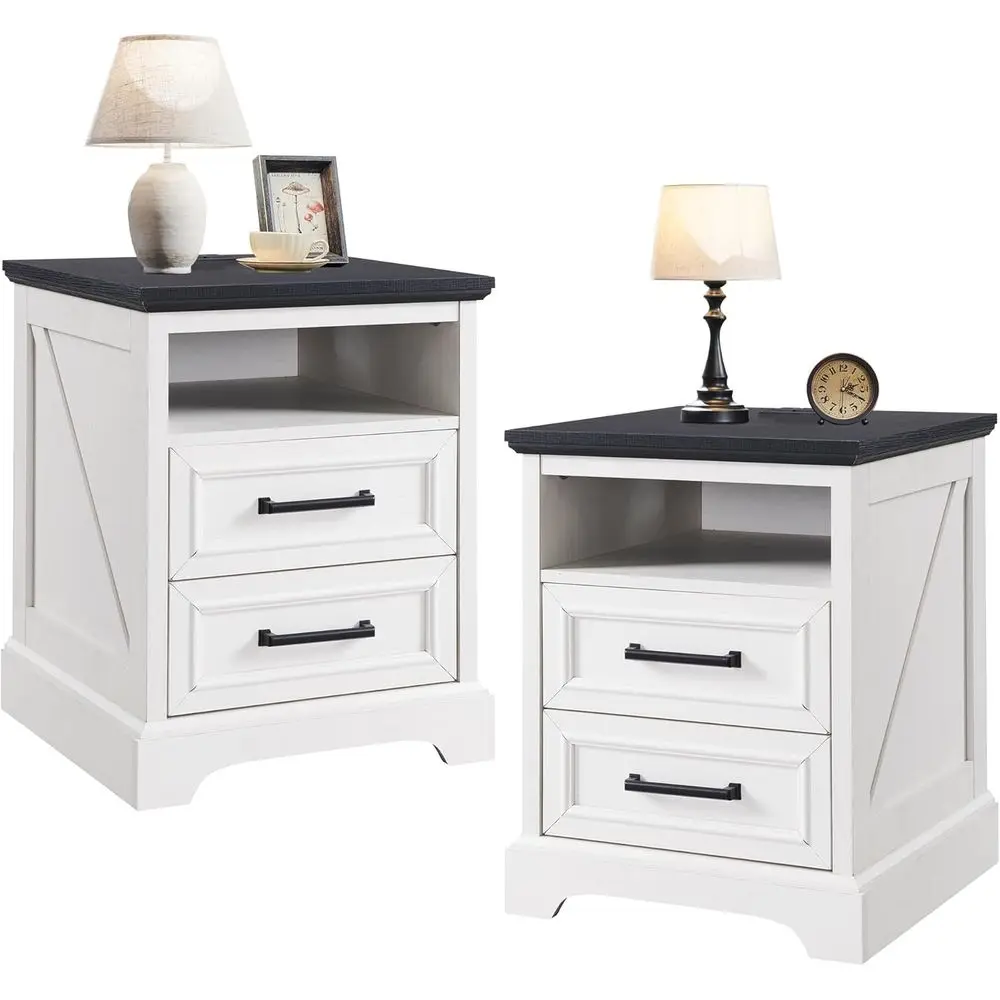 

2-Piece Nightstand Set with Charging Station, End Table, Storage, Antique White