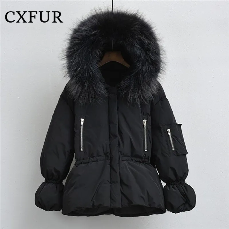 CX-G-D-03A Classic Design Women Winter Puffer Coat White Down Jackets with Real Fur Hood