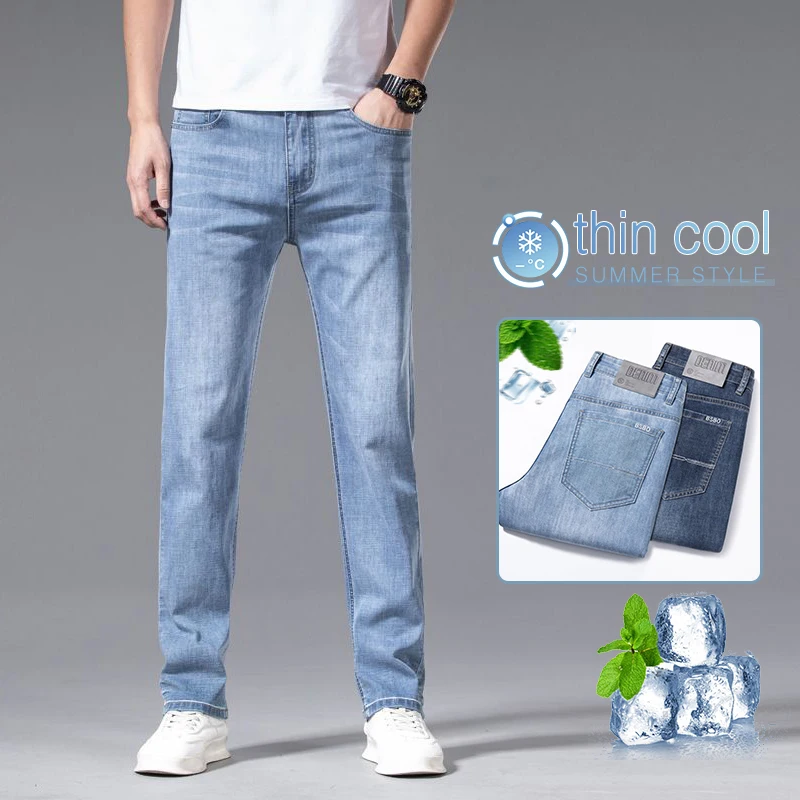 Summer Thin Stretch Jeans Men Straight Fit Denim Pants Korean Style Soft Cool Comfortable Business Casual Daily Wear Trousers
