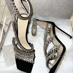 Crystal Women's Shoes Black High Heels Square Toe Female Ankle Strap Zapatos De Mujer Pumps Transparent Belt Diamond Sandalias