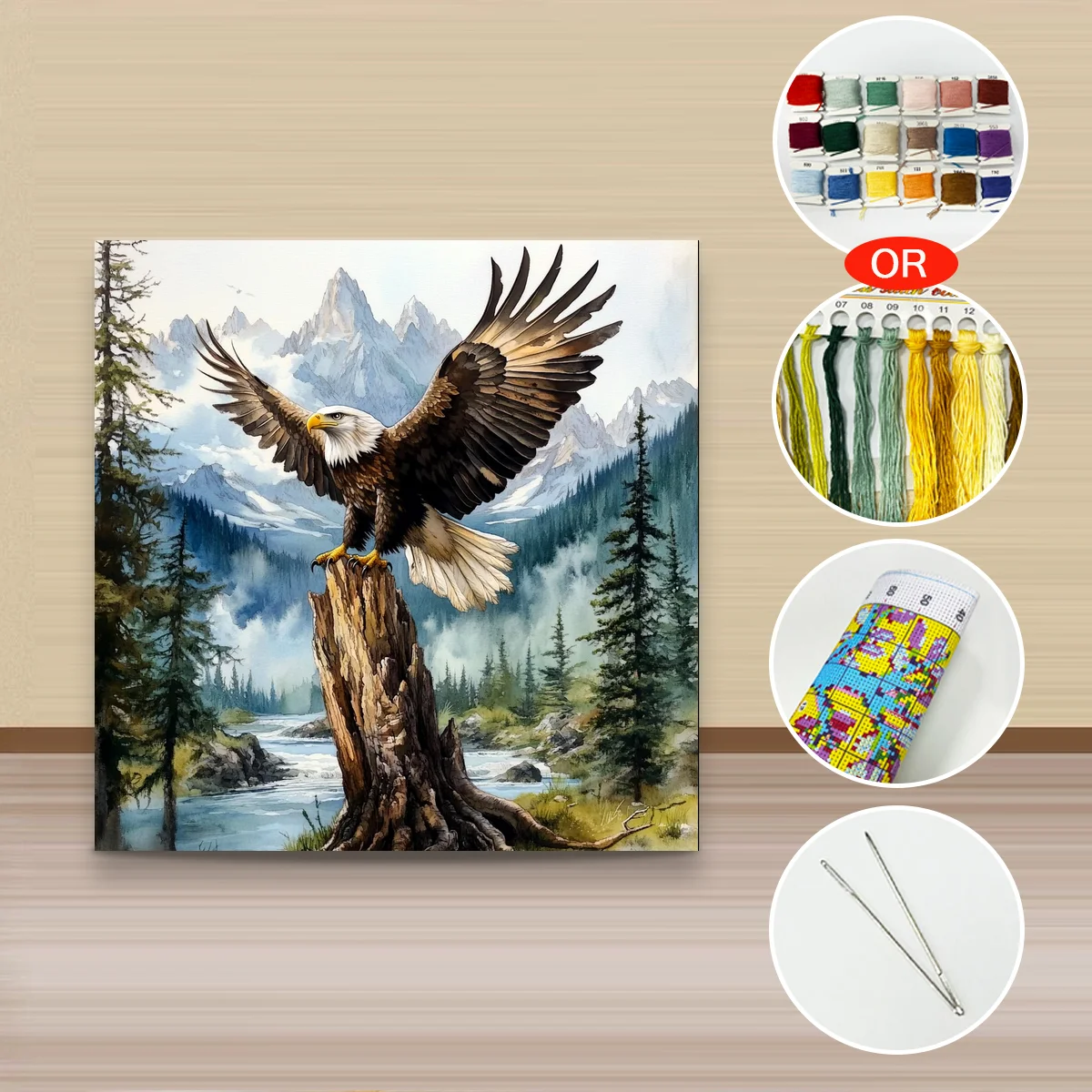 1 Stück 40x40 cm/15,74 Zoll, 11Ct/14Ct Kreuzstich-Set, DIY Valentinstagsgeschenk, Stickerei-Set für Festlichkeiten, Weißkopfseeadler im Tal – Detail 2