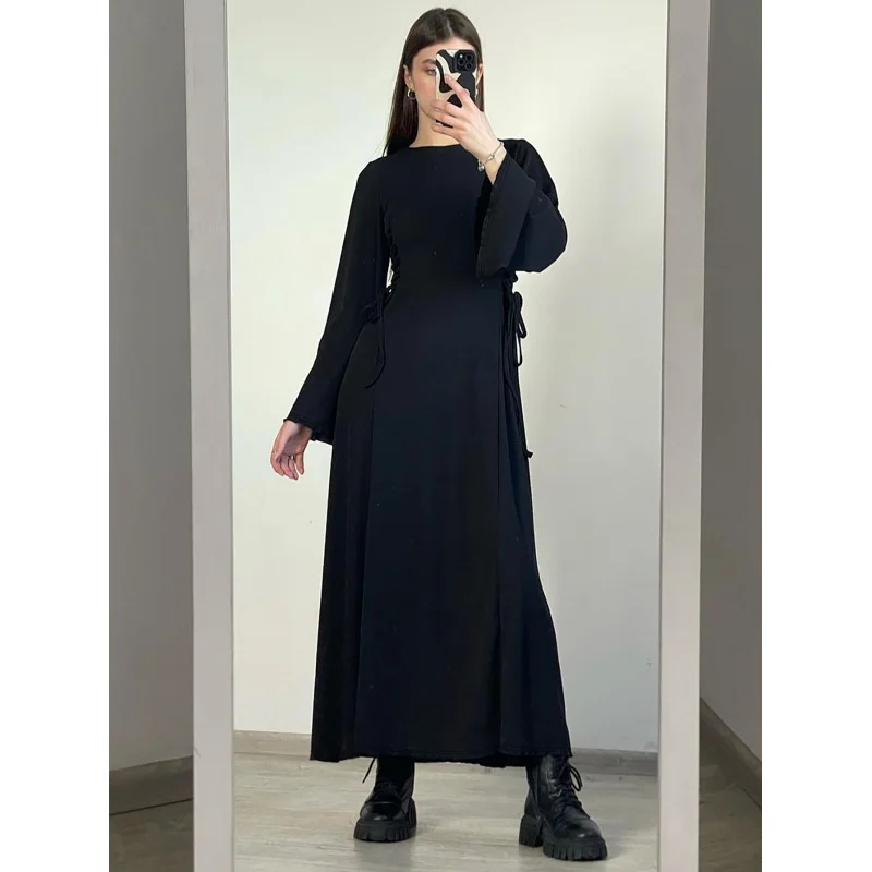 Women's Clothing2024Autumn and Winter New Fashion Temperament Slim Back Lace-up Waist-Controlled Long Sleeve Dress