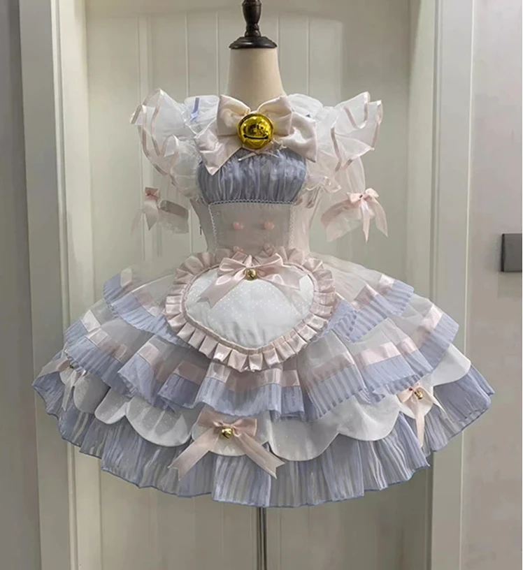 

Girls Bell Maid Lolita JSK Dress Sweet Cute Spring Summer Women's Short Sleeve Shirt Sling Dress and Apron Princess Dress Set 25