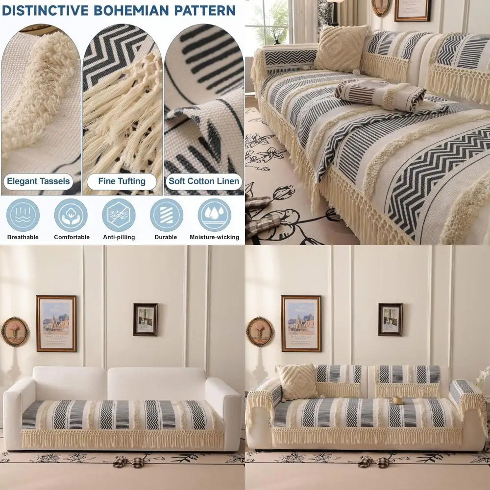 

Cotton & Linen Boho Style Tassel Sofa Cover for 2-Cushion Couch, Non-Slip, 35.4x63