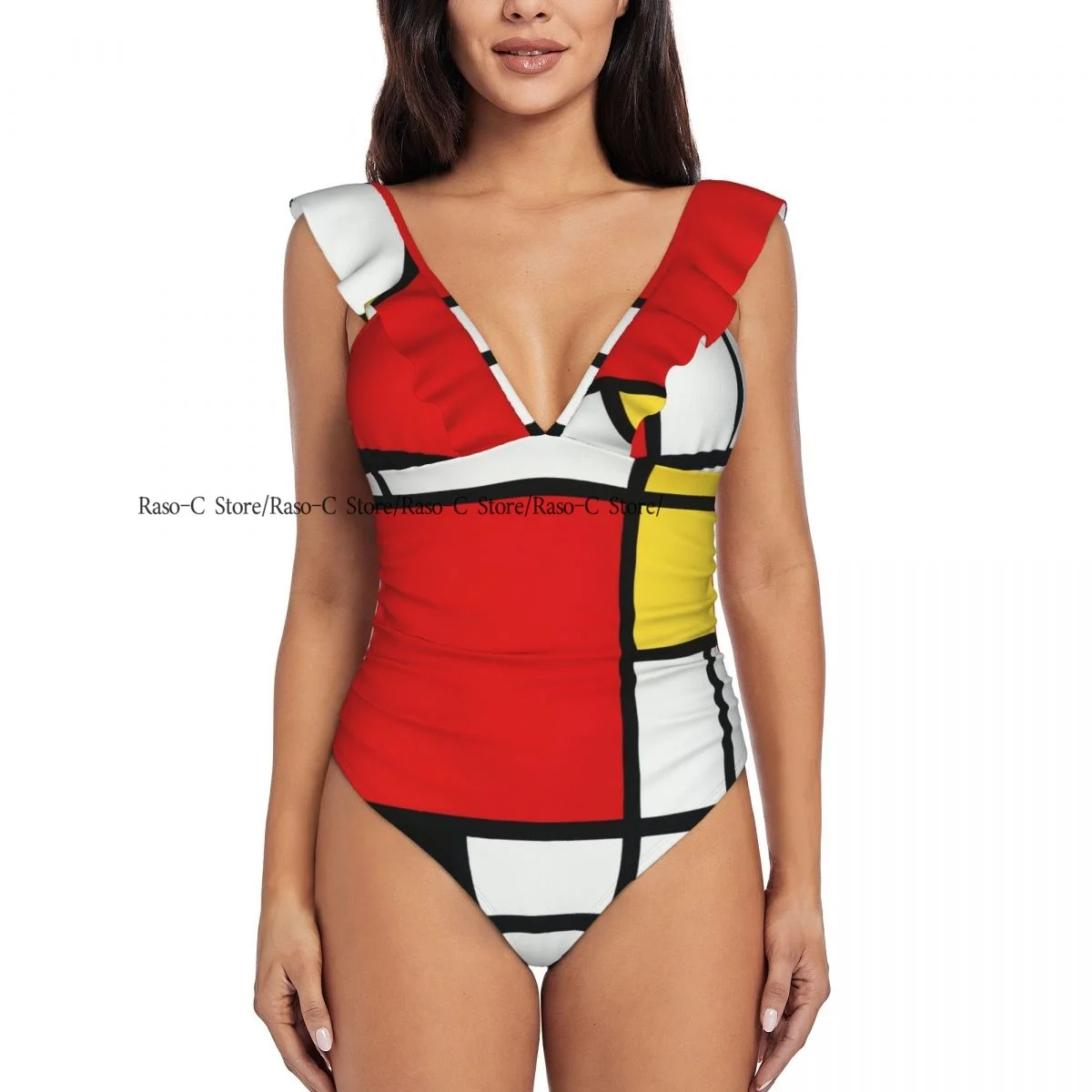 Sexy One Piece Swimsuit Women Piet Mondrian Ruffled Swimwear Monokini Female Bodysuit Girl Beach Bathing Suit