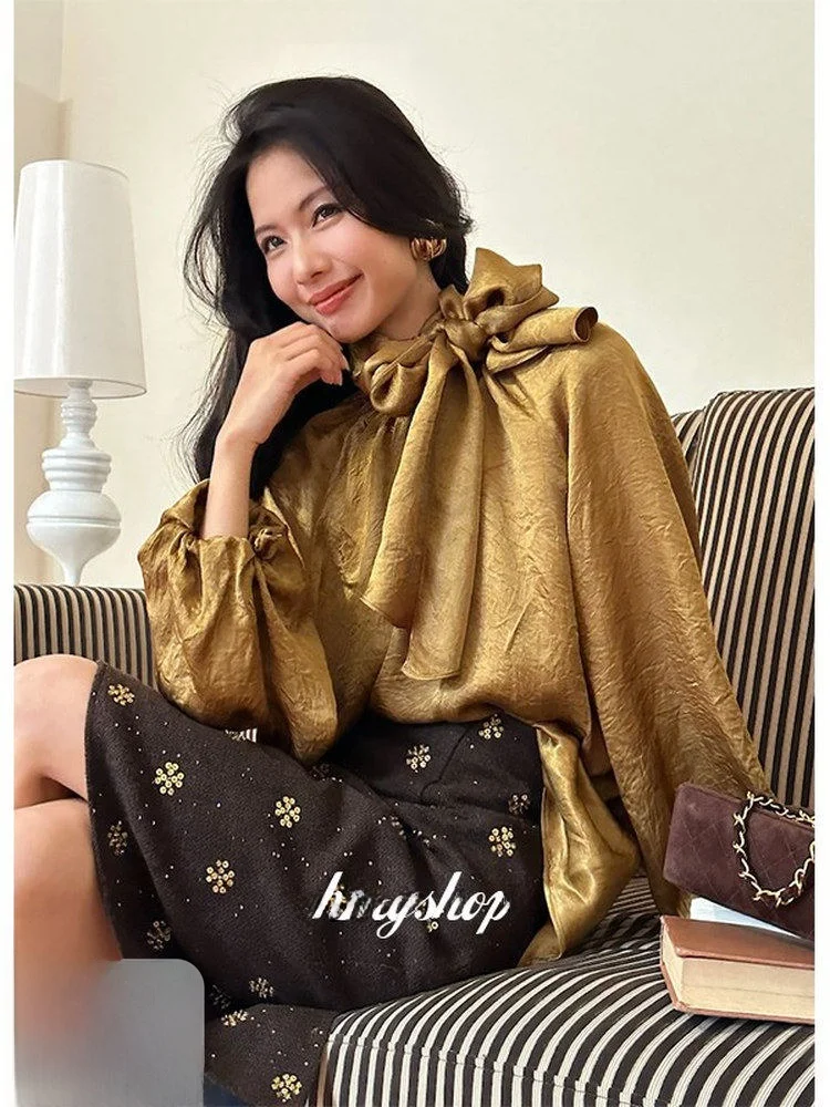 

Aurum 'Floating Light Golden' Crumpled Acetate Silk Lantern Sleeve Shirt Women's Premium Fashion Spring 2026 Knot