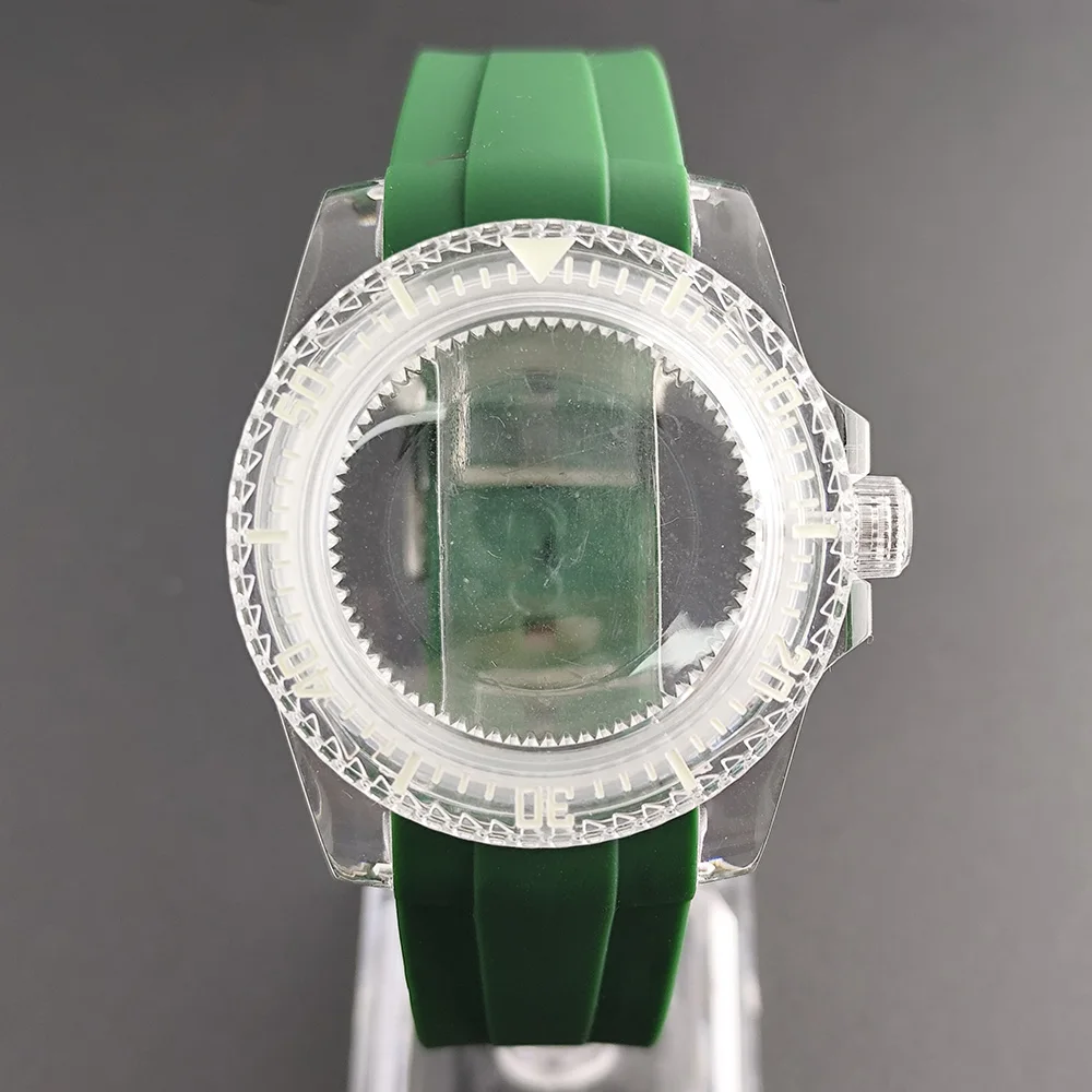 Зеленый светящийся корпус SUB NH35, прозрачные акриловые часы 40 мм, модифицированный резиновый ремешок 20 мм, подходит для механизмов NH35/NH36/4R