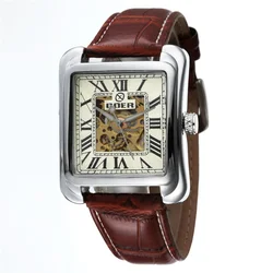 Top Brand Luxury Square Automatic Mechanical Skeleton Watches PU Leather Fashion Casual Men Watches Relogio Masculino GOER