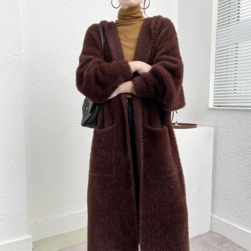 Mink Cashmere Hooded Long Coat Women Winter Full-sleeve Oversized Cardigan Dress Woman Keep Warm Winter Woman\'s Clothing Korea