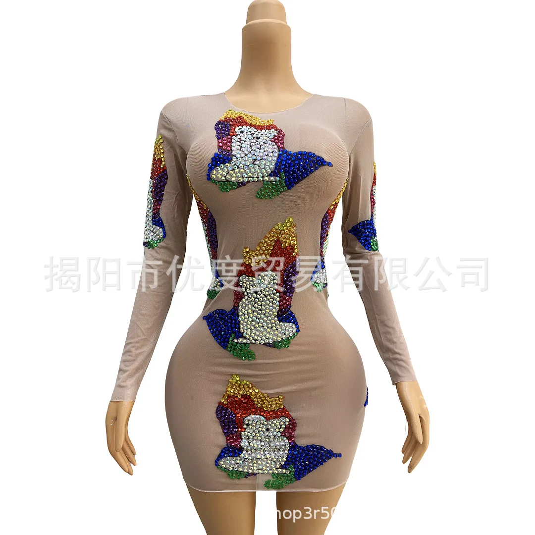 Shining Glam Perspective Rhinestone Temperament Dress Cocktail Birthday Party Night Performance Short Skirt Prayer Show Costumes