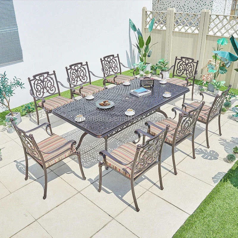 Hot selling outdoor garden metal chair long table set with side table furniture patio iron dining Set for 8 seaters