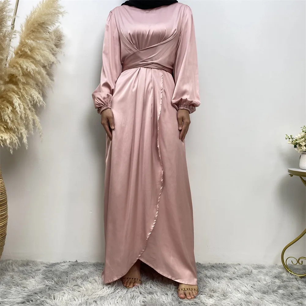UNI-vestidos árabes musulmanes para mujer, vestido largo De satén De manga larga, bata De noche envolvente De Color sólido, vestido De fiesta para graduación