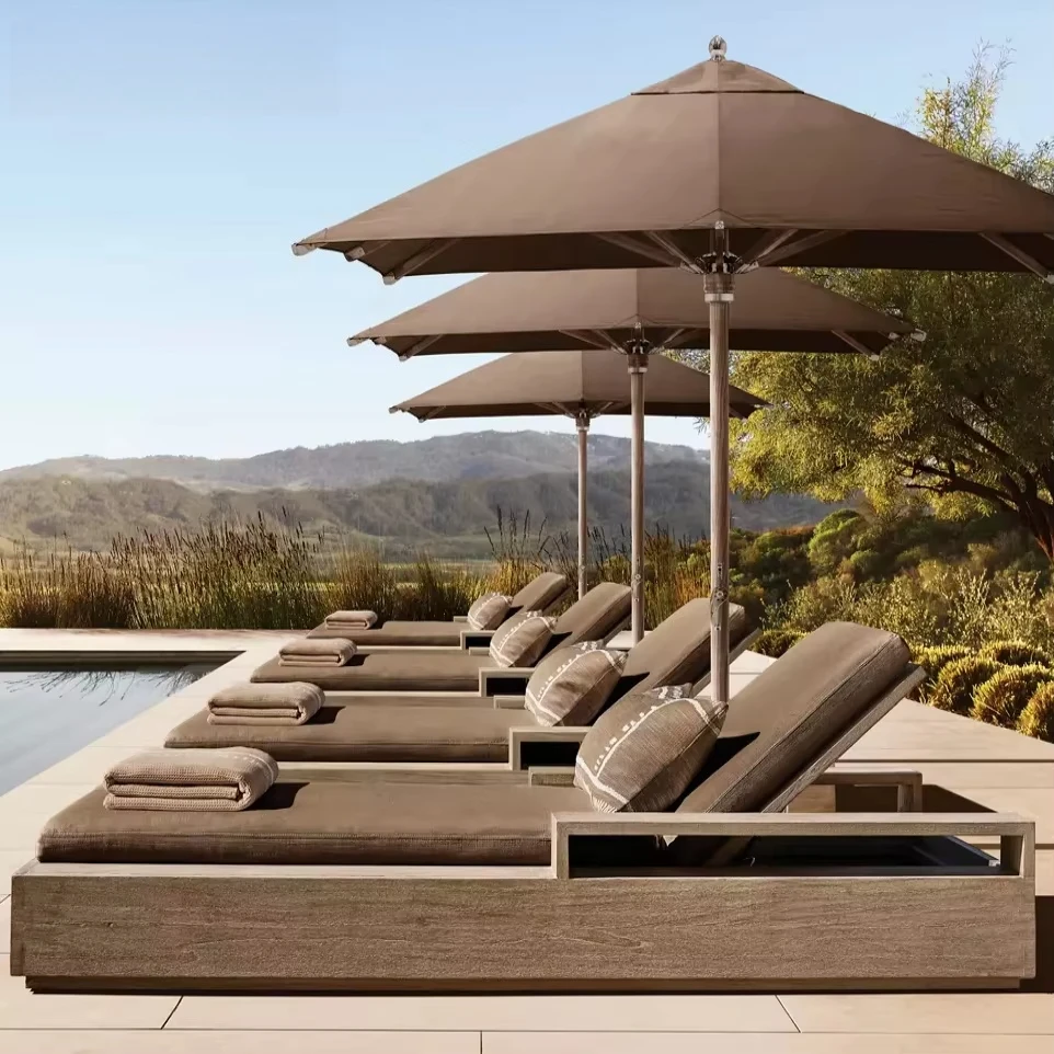 Modern Teak Outdoor Sun Lounger Chair Eco-Friendly UV Resistant Villa Sunbed Garden Furniture Resort Daybed Cushions Hotel