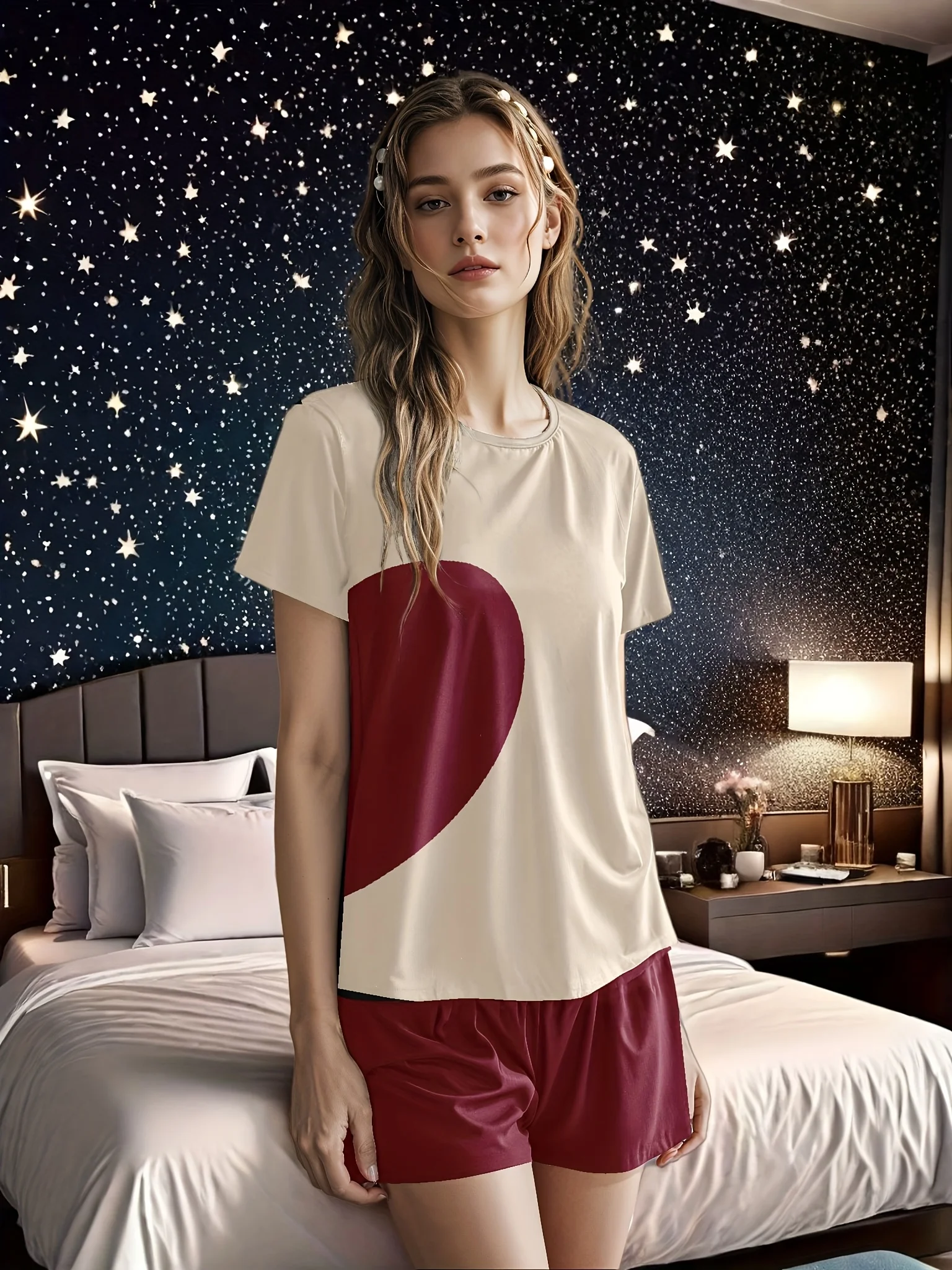 

Women's casual home wear set, including a short-sleeved top and matching shorts – comfortable summer clothing.