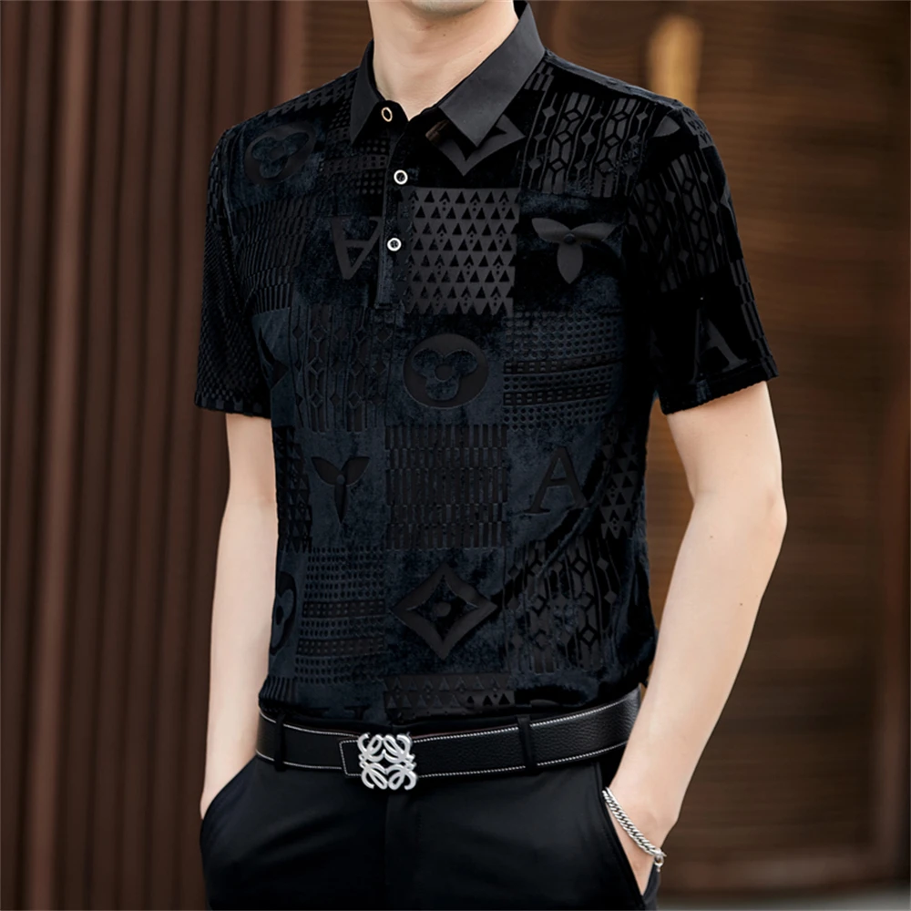 Gentleman Casual Polo Shirts For Men Short Sleeve Silky Luxury Summer High Quality Velvet Smooth Comfortable Camisetas Masculino