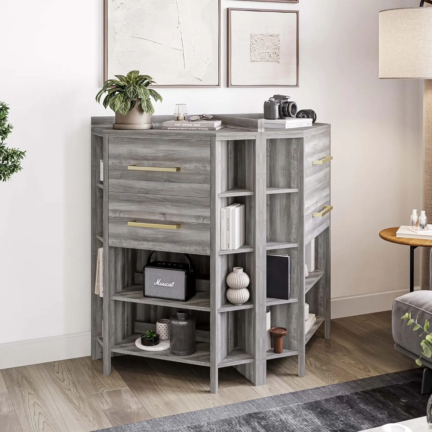 Corner Cabinet with Ultra-Fast USB Type A/C Outlet, Corner Table with 2 Storage Drawers and 10 Shelves