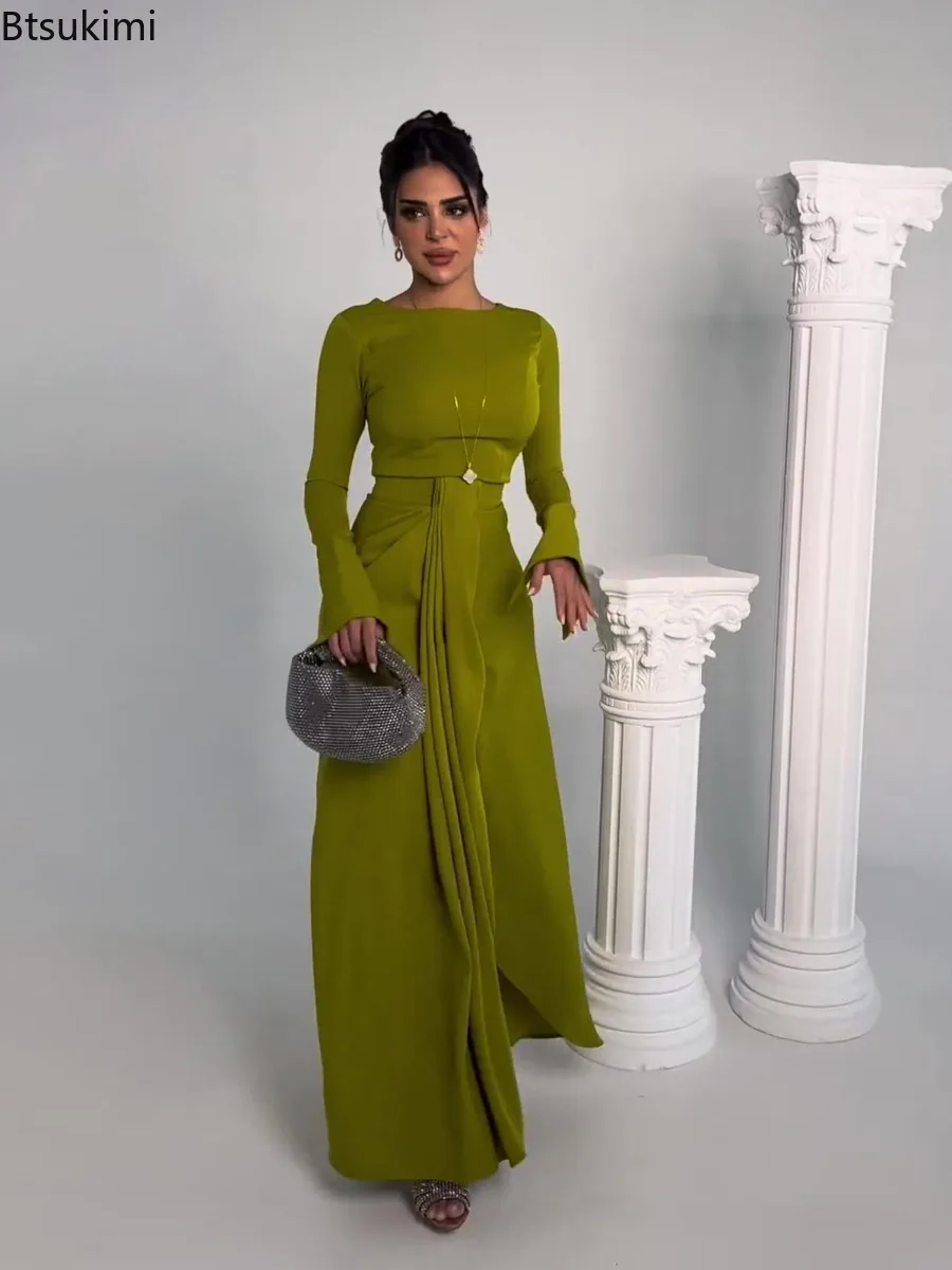 

2025 Spring New Women's Solid Prom Maxi Dress Elegant High Waist Pleated Evening Dresses for Lady Long Sleeve Bodycon Party Gown