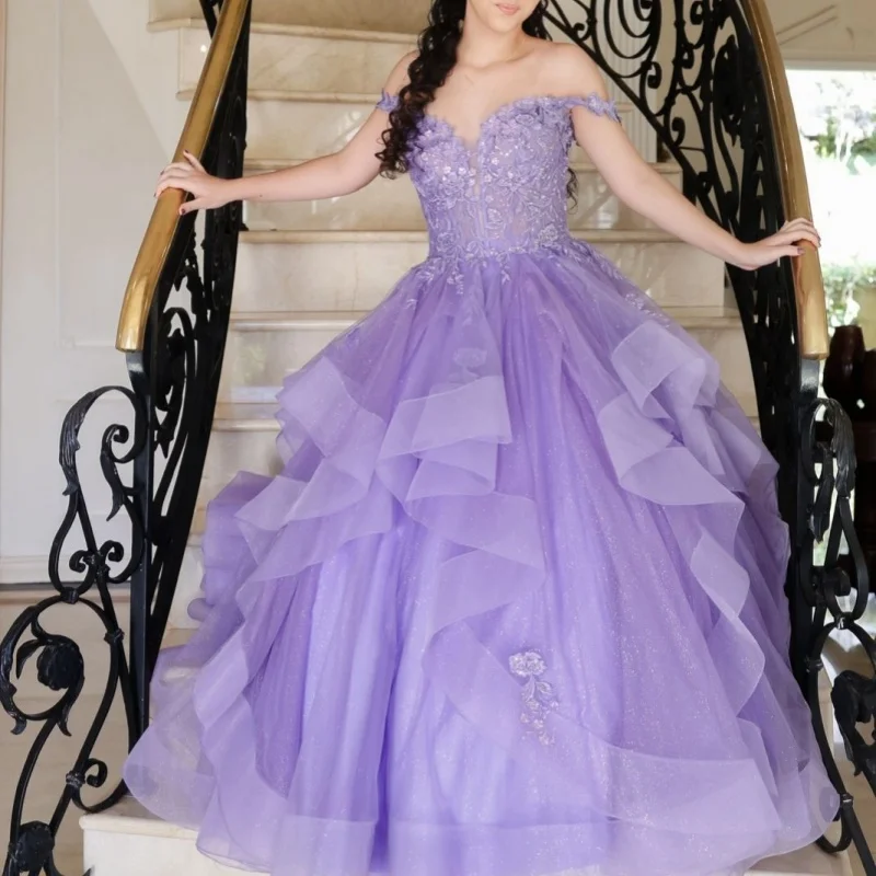 

Purple Quinceanera Dresses Off the Shoulder Glitter Decal Lace Layering Long tail Vestido e 15 Quinceanera Customize