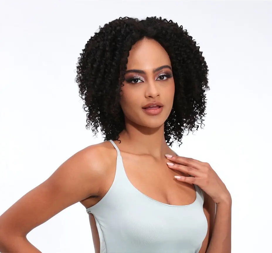 Blice Afro Kinky Curly Middle Part Closure Wig Natural Mixed Synthetic Hair Wigs 16 Inch Black Color For Women