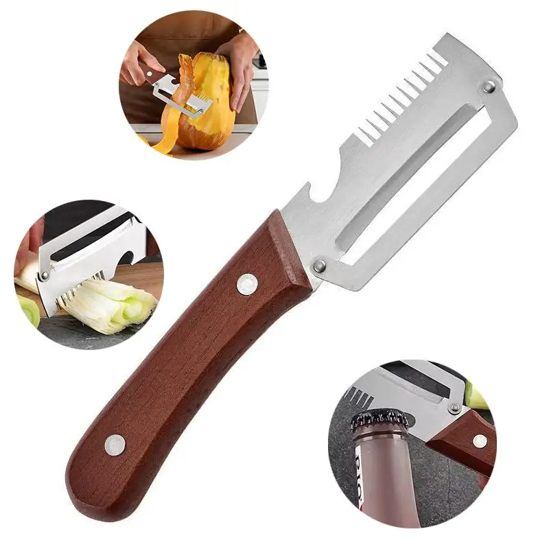 Multi-Functional Vegetable Peeler Kitchen 2 In 1 Stainless Steel Peeler With Wooden Handle And Bottle OpenerDesert Bling