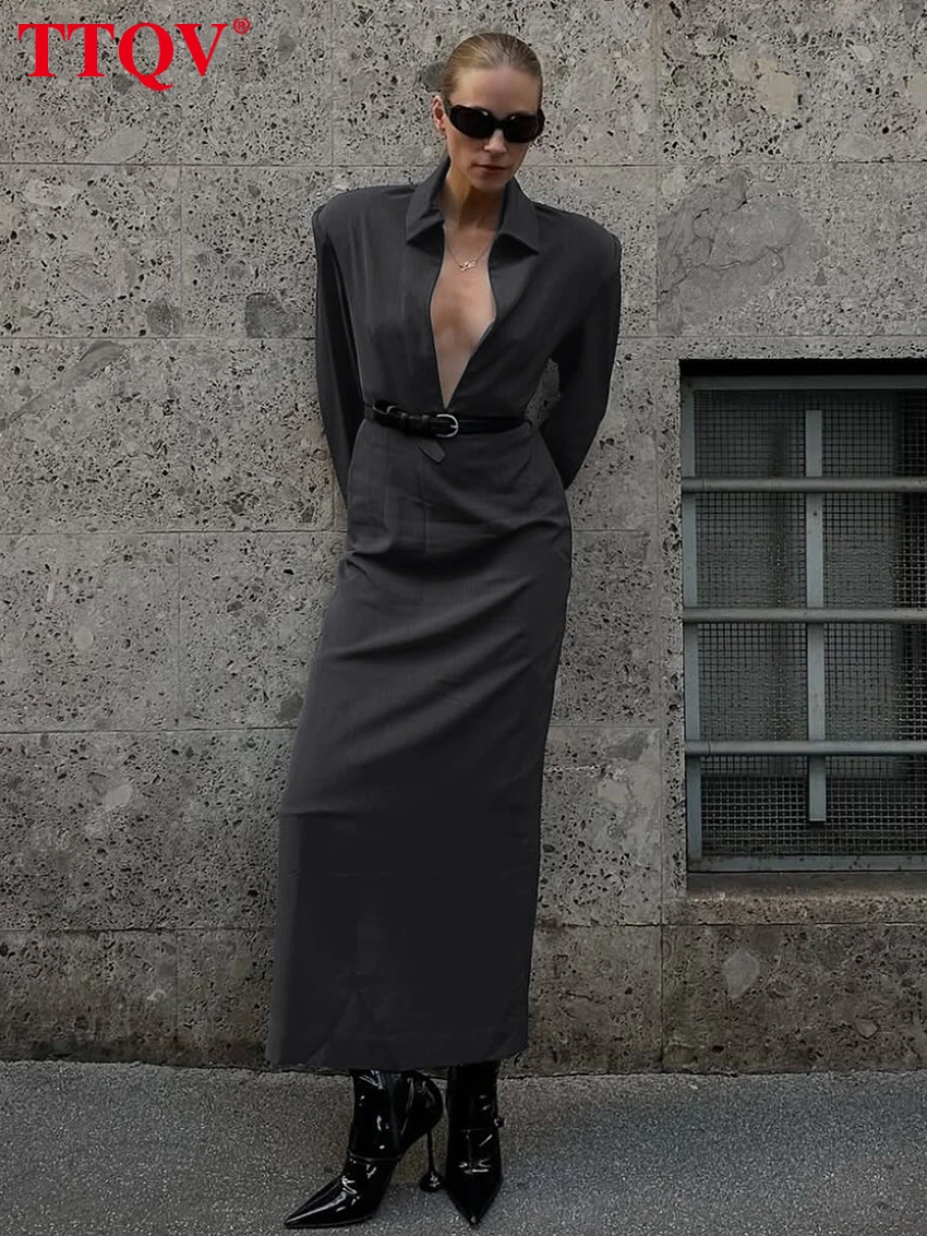 

TTQV Fashion Loose Gray Women's Dress 2026 Sexy Lapel Long Sleeve Ankle Length Dresses Lady Elegant Classic Soid Female Dress