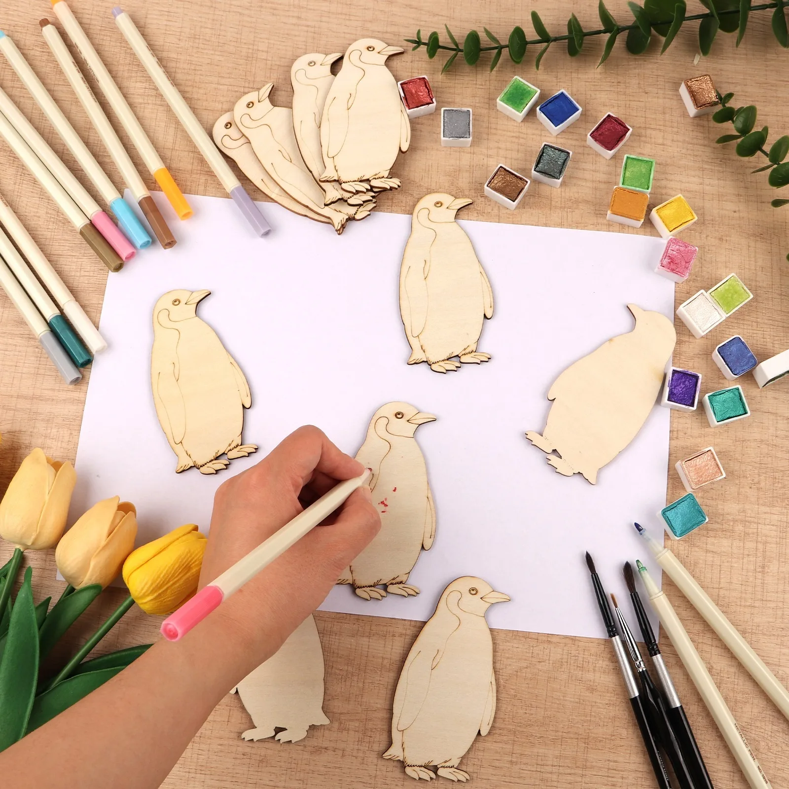 Penguin Shaped Unpainted Wooden Coasters, 10 Pack DIY Craft Blanks for Table Decor, Handmade Art Craft, Animal Lover Gifts